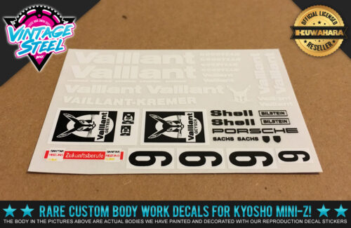 ou will get 1 (one) Auto Scale Reproduction Porsche 934 "VAILLANT" decal set for your Porsche 934 Kyosho Mini-Z 1/28 scale R/C (Radio Controlled) plastic Body. Note: Body and chassis are not included in this listing. Only the Decals. Ask us about 'custom' vinyl decal sets for your Mini-Z.